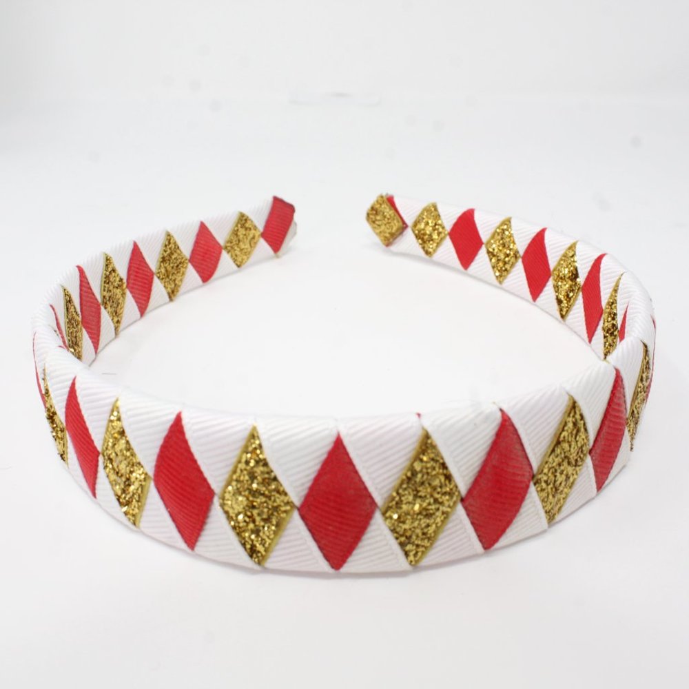 Handmade Diamond Pattern Red Glitter Gold White Double Ribbon Headband SF 49ers - Picture 2 of 4